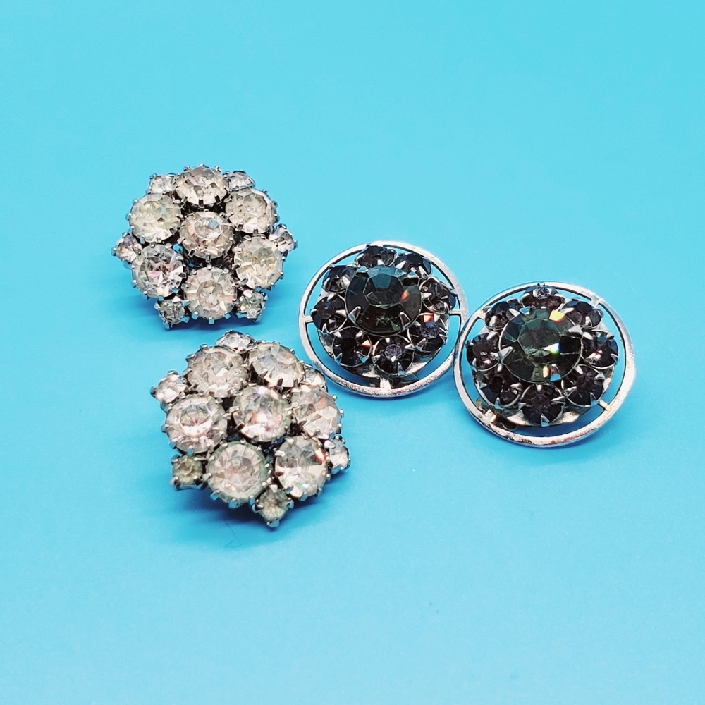 WEISS 2 pr. of Vintage clear and grey rhinestone clip ons EUC collectors retro